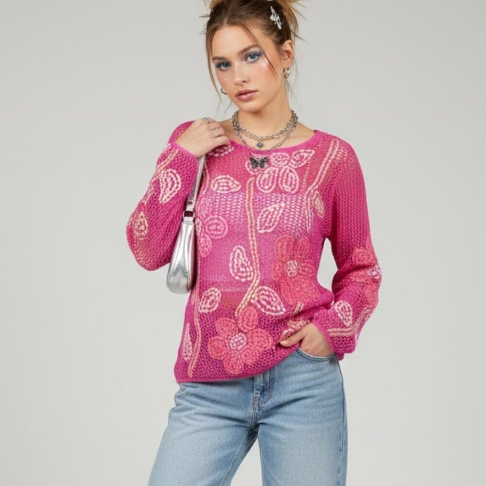 Sigrid Olsen Sport Pink Knitted by Hand Open Knit Artsy Boho Y2K Flower Sweater